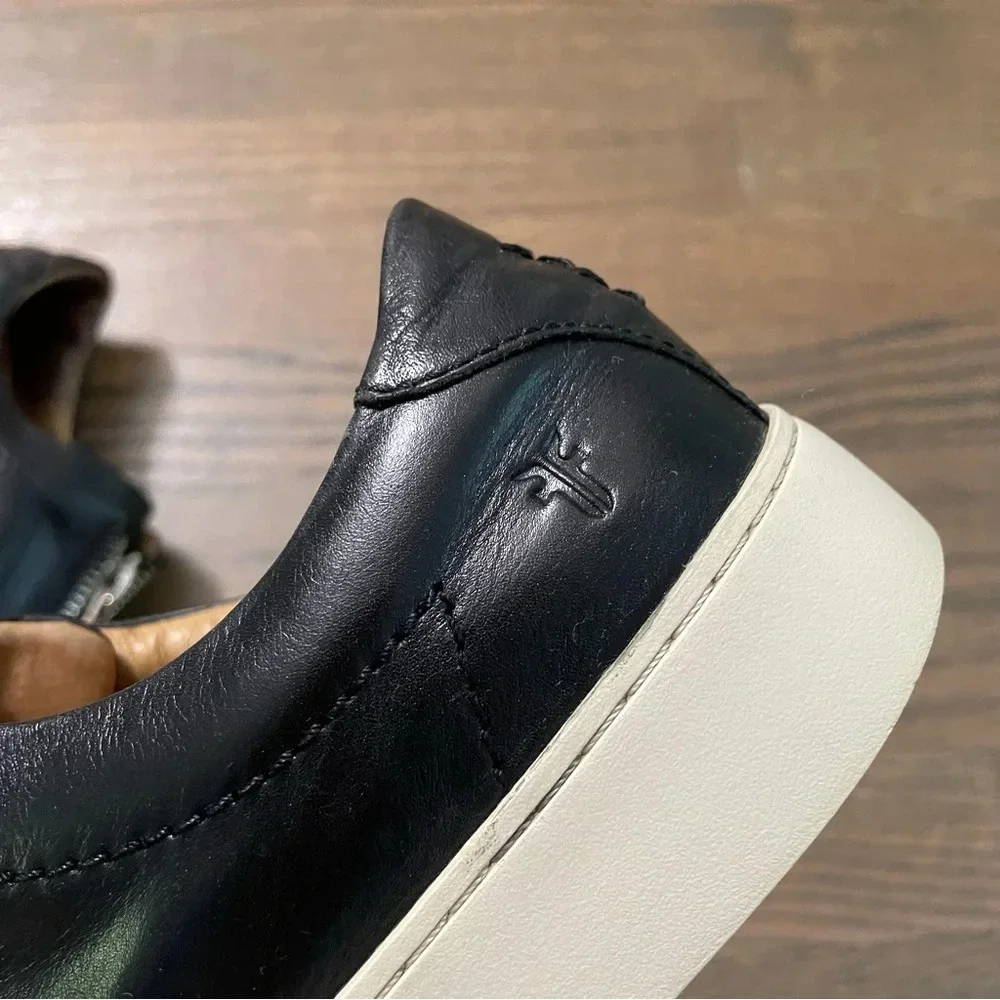 FRYE Lena Zip Up Platform Black Polished Soft Full Grain Leather Sneaker Size 7